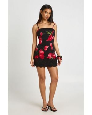 Boohoo Floral Square Neck Lace Trim Cami Dress - Red