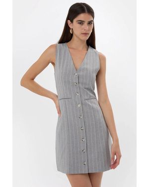 Hiccup Striped Sleeveless Mini Dress With V-Neck And Buttoned Details - Grey
