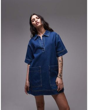 TOPSHOP Denim Mini Pullover Short Sleeved Rugby Dress Mid - Blue