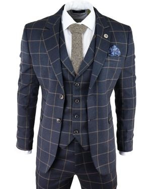 TruClothing Check 3 Piece Tweed Suit Peaky Blinders 1920S Gatsby Tailored Fit Canvas - Blue