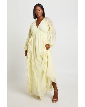 Boohoo Plus Chiffon Long Sleeve Ruffle Maxi Dress - Natural