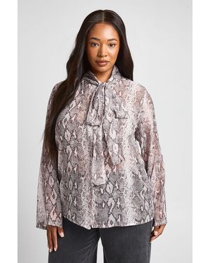Boohoo Plus Snake Chiffon High Neck Scarf Blouse - Brown