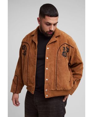 BoohooMAN Plus Faux Suede Embroidered Oversized Boxy Fit Western Jacket - Brown