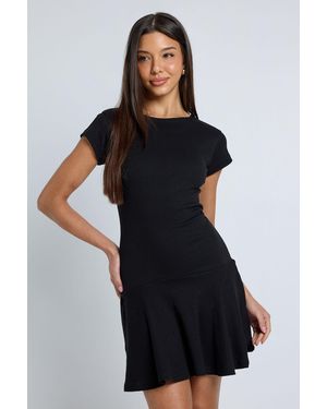 Boohoo Rib Dropped Hem Cap Sleeve Skater Dress - Black