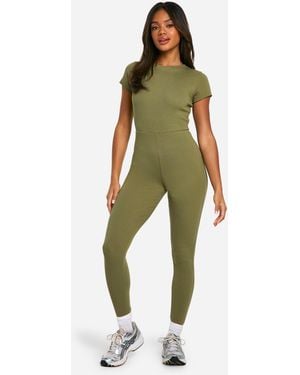 Boohoo Basic Cap Sleeve Rib Unitard Jumpsuit - Green