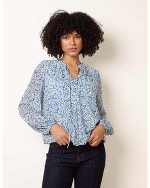 Blue Vanilla Grandad Tie Neck Puff Hem Watercolour Blouse - Blue