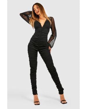 Boohoo Ruched Mesh Balloon Sleeve Jumpsuit - Black