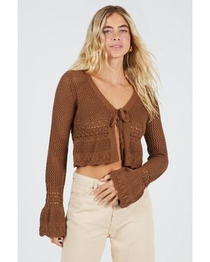 Brave Soul V-Neck Tie Front Cardigan With Flared Cuffs - Brown