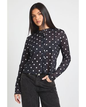 Boohoo Polka Dot Print Mesh Button Through Top - Blue