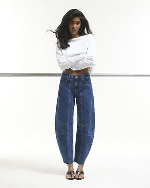River Island Wide Leg Jeans Mid Rise Seamed Barrel Cotton - Blue