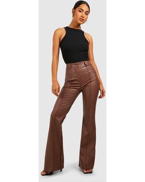 Boohoo Leather Look High Waisted Seam Front Flared Trousers - Brown