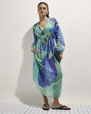 River Island Maxi Beach Tunic Dress Floral Print V-Neck - Blue