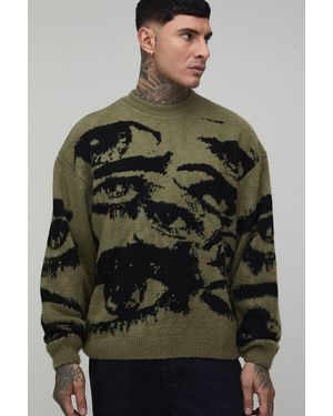 BoohooMAN Tall Boxy Brushed Eye Graphic Knitted Jumper - Green