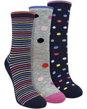 Sock Snob 3 Pairs Ladies Spots And Stripe Patterned Socks- Soft Cotton Rich Everyday Socks - Blue