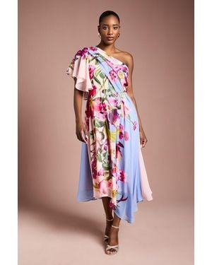 Coast One Shoulder Floral Printed Chiffon Dress - Blue