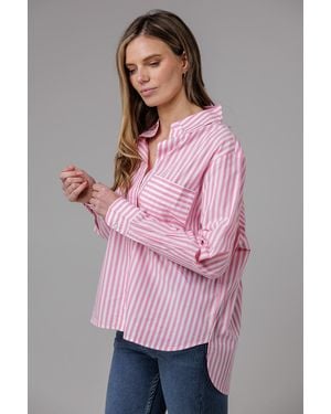 French Connection Cotton Relaxed-Fit Long Sleeve Striped Popover High-Low Hem Shirt - Pink