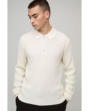 BoohooMAN Regular Fit 1/4 Zip Rib Long Sleeve Knitted Polo - White