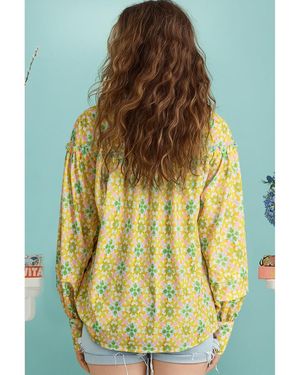 Azura Exchange Boho Floral Print Frilly Detail Puff Sleeve Shirt - Yellow