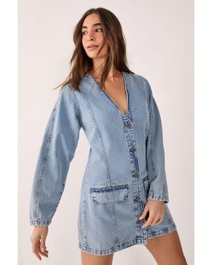 Nasty Gal Denim Button Through Cocoon Sleeve Mini Dress - Blue