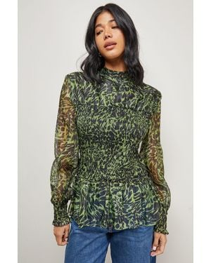 Warehouse Animal Organza Shirring Blouson Sleeve Shirt - Green