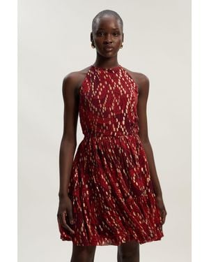 Karen Millen Printed Metallic Viscose Georgette Thread Halter Woven Mini Dress - Red