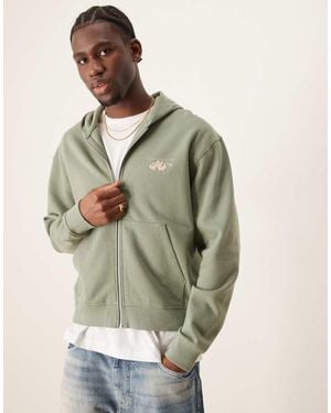 ASOS Boxy Zip Through Hoodie With Chest And Back Print - Green