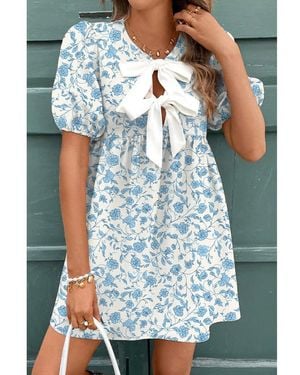 Azura Exchange Floral Contrast Bow Puff Sleeve Mini Dress - Blue