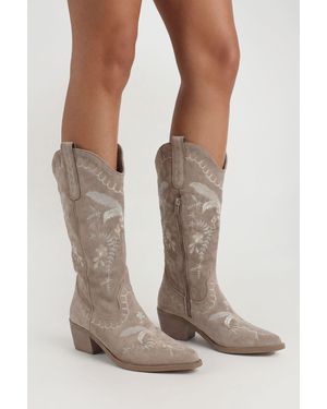 Boohoo Faux Suede Embroidered Detail Calf High Western Boots - Grey