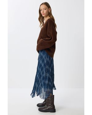 Happiness İstanbul High Waist Asymmetric Midi Skirt With Zipper - Blue