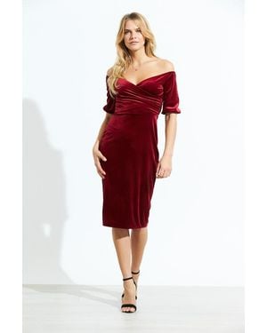 Sosandar Ruby Velvet Cross Over Bardot Dress - Red