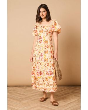 Oasis Trim Detail Square Neck Puff Sleeve Midi Dress - Natural