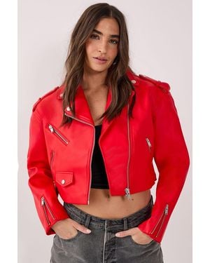 Nasty Gal Essentials Cropped Faux Leather Boxy Biker - Red