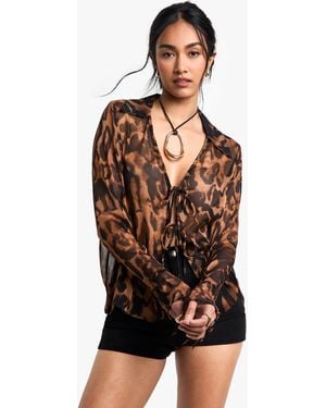 Boohoo Leopard Printed Woven Long Sleeve Collared Top With Tie Front Detail - Black