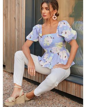 Chi Chi London Floral Printed Tie Back Top - Blue