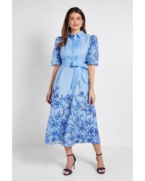 Wallis Floral Organza Pintuck Midi Shirt Dress - Blue