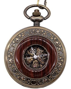 Infinity Leather Vintage Wooden Skeleton Half Hunter Alloy Pocket Watch - Brown