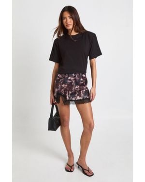 Boohoo Tonal Zebra Satin Lace Trim Mini Skirt - Black