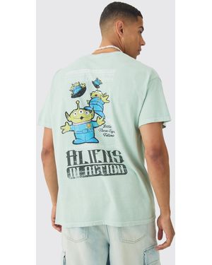 BoohooMAN Oversized Aliens Toy Story Disney Wash License Back Print T-shirt - Green