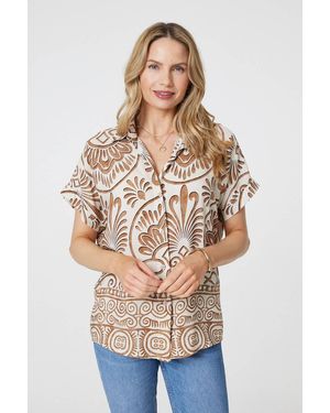 Izabel London Printed Button Down Short Sleeve Shirt - White