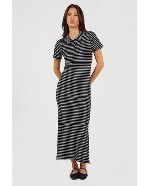 Brave Soul Striped Collared Maxi Dress With Split Detail - Black