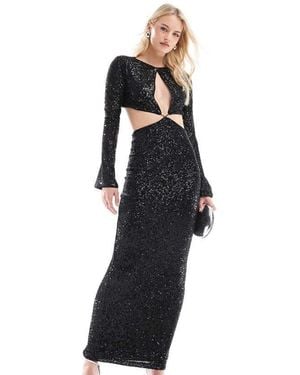 ASOS Design Sequin Long Sleeve Wrap Around Maxi Dress With Keyhole Detail - Black