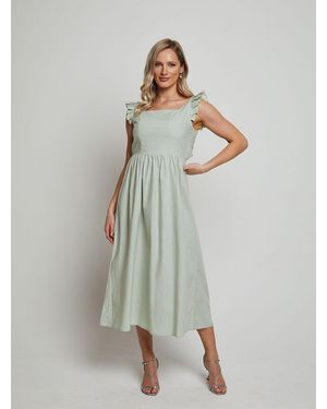 Chi Chi London Ruffle Sleeve Cotton Poplin Midi Dress - Green