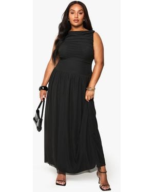 Boohoo Plus Mesh Ruched Drop Hem Maxi Dress - Black