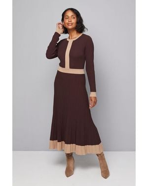Wallis Tipped Pleated Hem Knitted Midi Dress - Brown