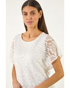 Roman Lace Stretch Banded Hem Top - White