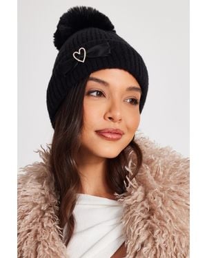 Quiz Bow Herringbone Knitted Hat - Black