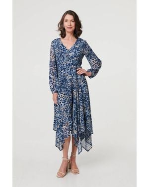 Izabel London Animal Print Sheer Hanky Hem Midi Dress - Blue