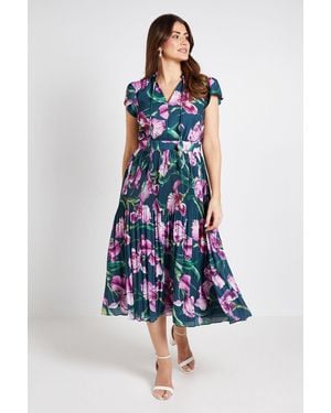 Wallis Floral Ruffle Neck Pleated Midi Dress - Blue