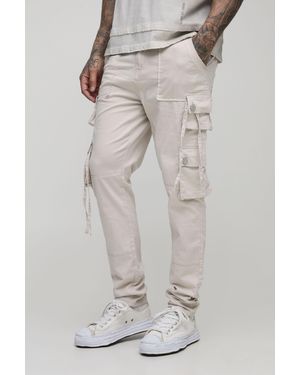 BoohooMAN Tall Fixed Waist Multi Cargo Strap Detail Skinny Trousers - Grey