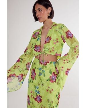 Nasty Gal Floral Burnout Tie Front Fluted Sleeve Crop Top - Green